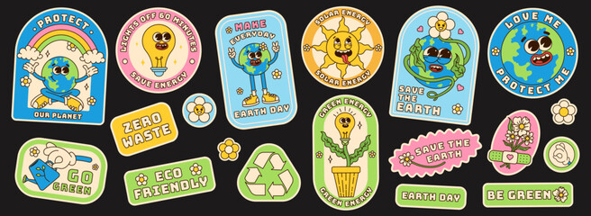 Save the planet sticker set in trendy groovy style. Earth Day. Funny vector earth character and mascot. Eco friendly conception. Vector illustration.