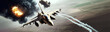 aerial high view of a generic military fighter jet crosses over a target bombing location during a special operation,as wide banner with copyspace area for world war conflict concepts - Generative AI
