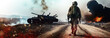 Special Forces Military soldier walking through destruction and battlefield warzone aftermath as wide banner with copyspace area for world war conflict concepts - Generative AI
