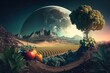 Illustration einer düsteren Landschaft. Großer Mond im Hintergrund. Abstrakte Obst und Gemüse Elemente. Brokkoli Baum. Vegan
