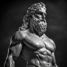 Handsome Marble Statue Of Powerful Greek God Zeus Over Dark Background, The Powerful King Of The Gods In Ancient Greek Religion Looking To The Right. Generative AI