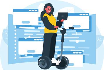 Female programmer rides on a gyro scooter holding a laptop in his hand. Female student on a gyroboard. Control panel screen with program code. Programming languages. Vector graphics