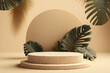Stone podium pedestal for product presentation with tropical leaves on beige background. Generative AI