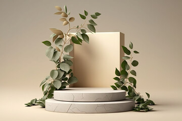 Wall Mural - Stone podiums for cosmetic product presentation with green leaves branches. Generative AI