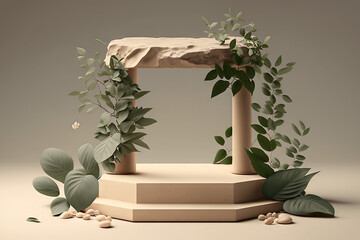 Wall Mural - Arch made of stone with green leaves. Podium stand product display. Generative AI