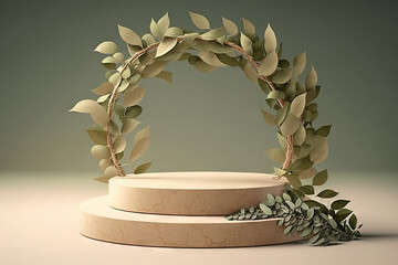Wall Mural - Stone podium product display with wreath of green leaves. Generative AI