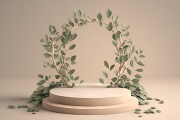 Wall Mural - Stone podium, cosmetic display stand on beige background. Generative AI