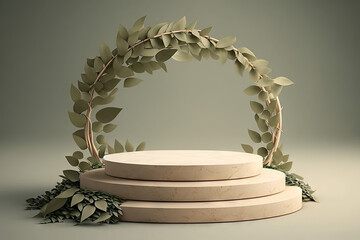Wall Mural - Podium pedestal product presentation with wreath of green leaves. Generative AI