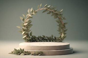 Wall Mural - Empty stone podium pedestal product presentation with wreath of green leaves. Generative AI