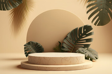 Wall Mural - Stone podium pedestal for product presentation with tropical leaves on beige background. Generative AI