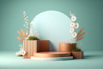 Wall Mural - Wooden podium pedestal for product presentation with daisy flowers on blue background. Generative AI