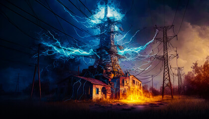 Wall Mural - Painting of house on fire and lightning. Generative AI.