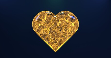 Wall Mural - yellow plasma energy heart on a dark blue background, lightning and fire flashes shimmer inside, 3d 