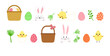 Easter cute vector set, rabbit, egg, bunny, basket, chick and flower. Cartoon spring element collection, funny icon isolated on white background. Holiday illustration