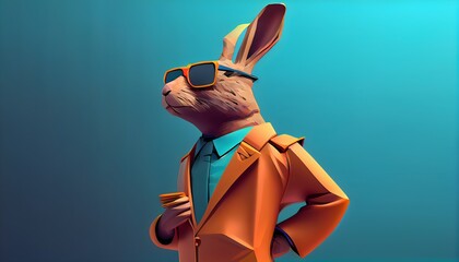 Wall Mural - Fashion rabbit in color suit with sunglasses on a solid color background, vector art, digital art, faceted, minimal, abstract, geometric. Generative AI.