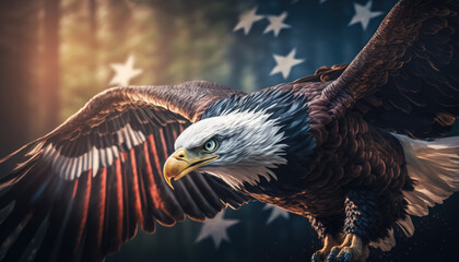  Bald eagle flies against American flag background created with generative AI technology