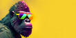 Fabulous big purple boss gorilla with tinted sunglasses on a yellow background. Image created with generative ai	