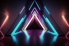 Neon Triangle Dance: Futuristic Sci-Fi Stage With Tilted Lines And Metal Reflective Surface. 