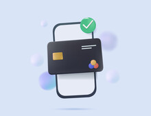 3d Credit Card Online Payment, Pay With Mobile Phone, Banking Online Payments Icon Concept. Transaction On Phone With Credit Card. 3d Mobile With Financial Bills Receipt. 3d Vector Illustration