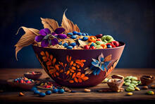 Variety Of Colorful Nuts And Seeds In Bowl. Generative AI.