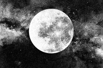 abstract night sky with full moon ink illustration