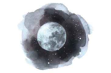 Wall Mural - Abstract watercolor night sky with full moon illustration