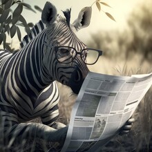 Zebra Reading A Newspaper And Wearing Glasses. Generative AI