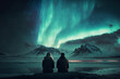 A couple sitting in Iceland watching aurora borealis northern lights in a lake black beach wanderlust travel 