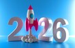 © adobedesigner - 3D Text 2026 year rocket launch. 3D Rendering. New Year, christmas. Successful business startup. Creative motivation with copy space.