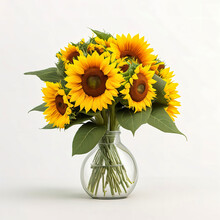Bouquet Of Sunflowers In Vase On White Background. Ia Generated
