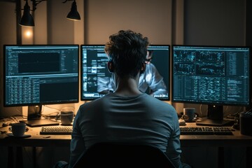 Programmer working on computers with multiple monitors, selective focus. AI generated