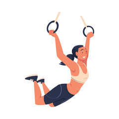 Sticker - Crossfit Workout with Woman Hanging on Gymnastics Rings Doing Physical Exercise Vector Illustration