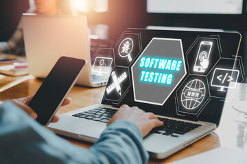 person hand typing keyboard computer with software testing inscription icon on vr screen, business, 