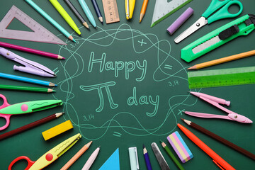 Different school stationery and text HAPPY PI DAY on green background