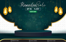 Ramadan Sale Discount Template Banner With Copy Space 3d Podium For Product Sale With Abstract Gradient Green And White Background Design