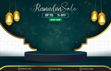 ramadan sale discount template banner with copy space 3d podium for product sale with abstract gradi