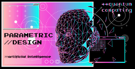 Poster - Bald woman silhouette made of a wireframe. Concept of parametric design and artificial intelligence. 