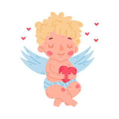 Wall Mural - Cute baby Cupid with red heart. Adorable blond little boy angel character with wings cartoon vector illustration