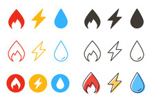 Collection Of Gas, Electricity And Water Symbols In Different Styles And Colors. Vector Icon Illustration Of Flame, Drop, Bolt. Electric Source, Gasification, Water Supply