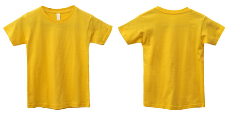 Yellow kids t-shirt mock up, front and back view, isolated. Plain light blue shirt mockup. Tshirt design template