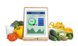 Tablet with weight loss calculator application, measuring tape and food products on white background