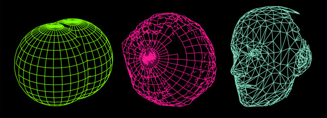 Aufkleber - Abstract 3D vector elements made from a mesh. Distorted spheres and a human head on a dark background.