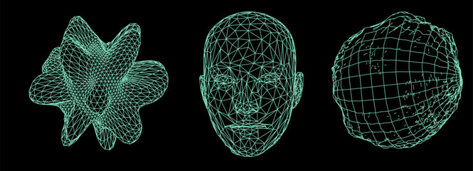 Aufkleber - Abstract 3D vector elements made from a mesh. Distorted spheres and a human head on a dark background.
