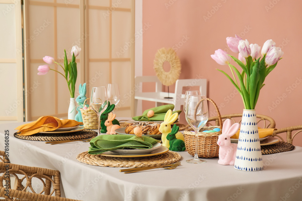 Festive table served for Easter celebration in dining room