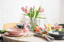 Beautiful Table Setting For Easter Celebration In Dining Room