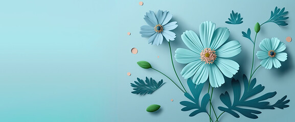 Wall Mural - papercut sky blue colored cosmos flower with copy space, a beautiful cosmos flower with sky blue background and copyspace