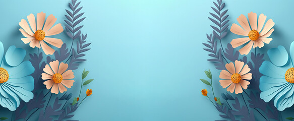 Wall Mural - a beautiful orange cosmos flower with skyblue background and copyspace for text massage, 3d render cosmos flower with empty space for text, flower congratulationg decorative background banner