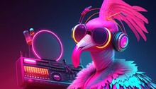 Stylish Pink Flamingo DJ Digital Art Illustration, Generative AI
