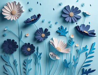 Wall Mural - Papercut blue colored cosmos flower on sky blue background