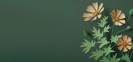 Wall Mural - Papercut orange cosmos flower background, beautiful cosmos flower with copyspace background, horizontal flower banner